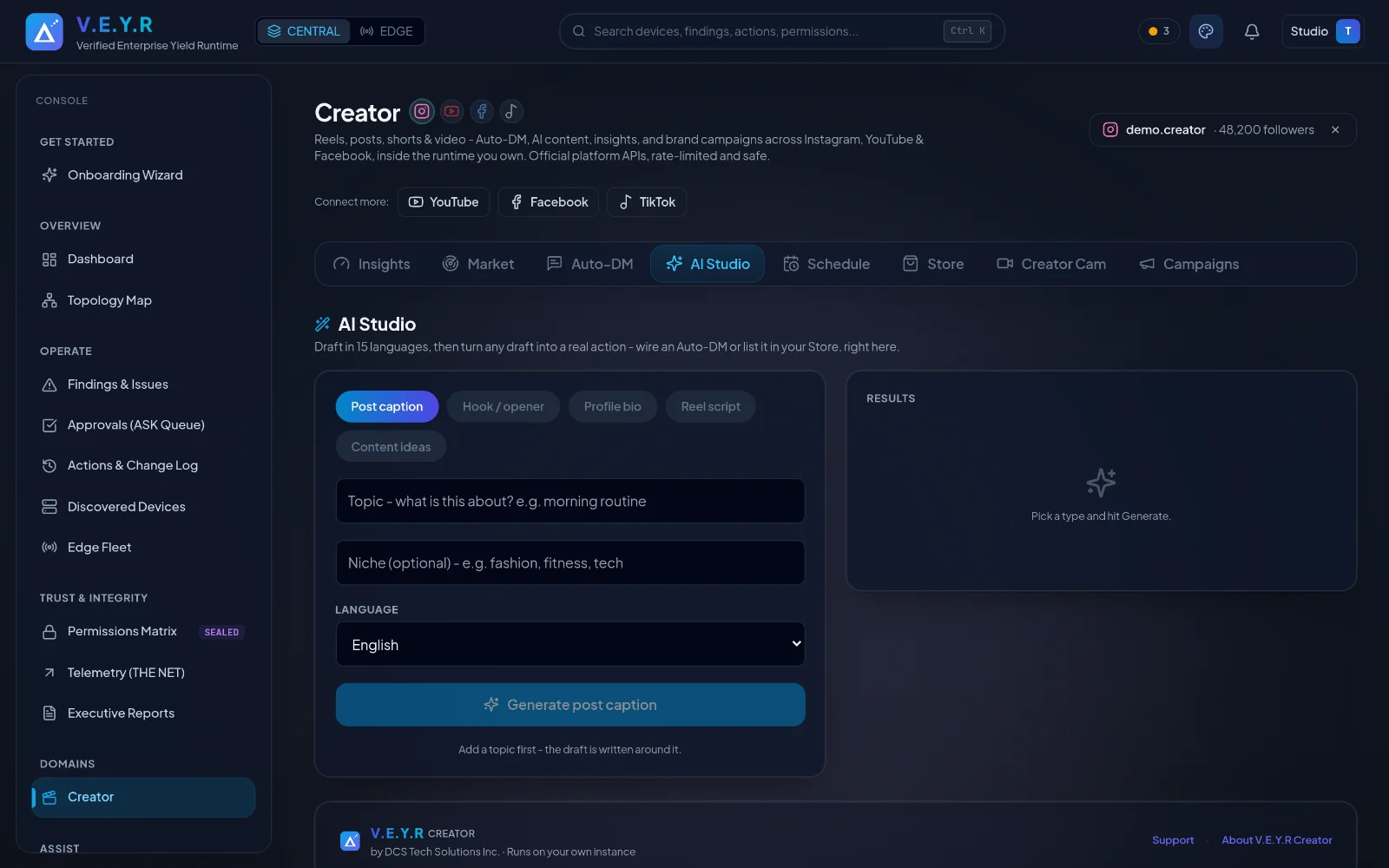 AI Studio drafting captions, hooks and scripts